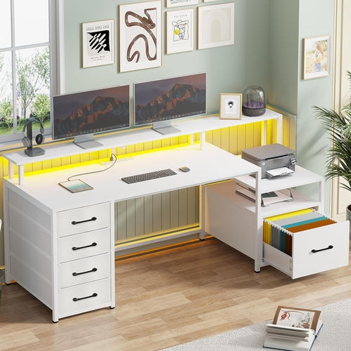 Modern Home Office Desk With 5 Drawers And LED Lights
