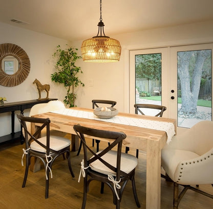 Large 5 Light Handwoven Rattan Boho Dining Room Chandelier