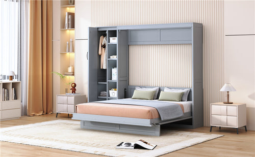Queen Size Murphy Bed Wall Bed with Shelves, Wardrobe and LED Lights