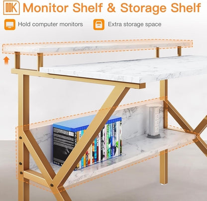 27.5 Inch Computer Desk With Monitor Stand And Storage White Marble