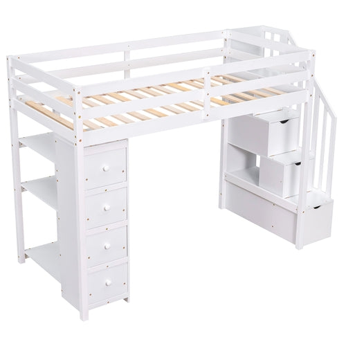 Twin size Loft Bed with Storage Drawers and Stairs, Wooden Loft Bed