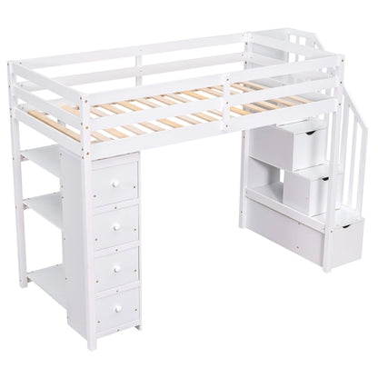 Twin size Loft Bed with Storage Drawers and Stairs, Wooden Loft Bed