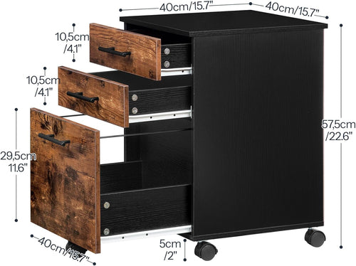 Wooden Three Drawer File Cabinet Under Desk Fits A4 Letter Size Rustic