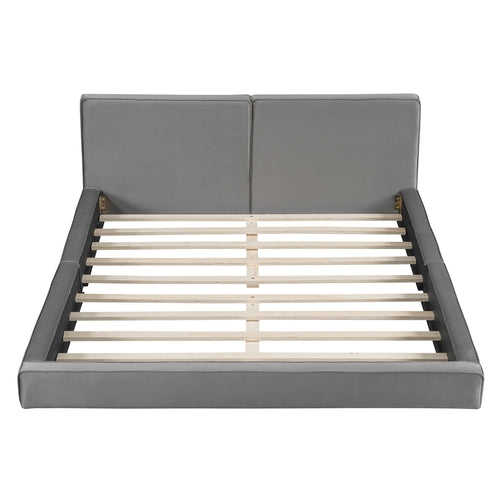 Queen Size Upholstered Platform Bed with Velvet Fabric, Grounded Bed