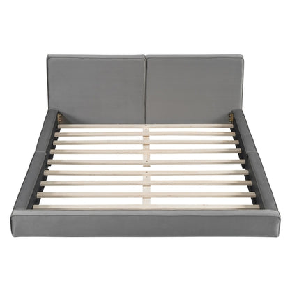 Queen Size Upholstered Platform Bed with Velvet Fabric, Grounded Bed