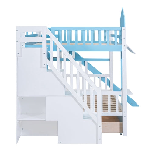 Full-Over-Full Castle Style Bunk Bed with 2 Drawers, 3 Shelves and