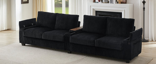 Modern 4-Seater Corduroy Sofa Couch with USB Ports, Hidden Storage and