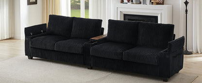 Modern 4-Seater Corduroy Sofa Couch with USB Ports, Hidden Storage and