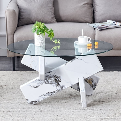 Modern Round Glass Coffee Table – 33.4" Tempered Glass Top with MDF