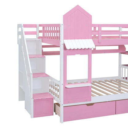 Full-Over-Full Castle Style Bunk Bed with 2 Drawers, 3 Shelves and