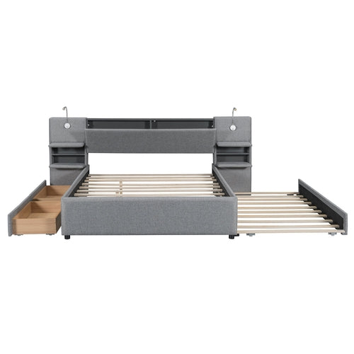 Queen Size Upholstered Platform Bed with Reading Lights, Drawers,