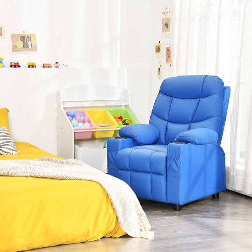 Blue Kids Recliner Chair With Cup Holder And Footrest
