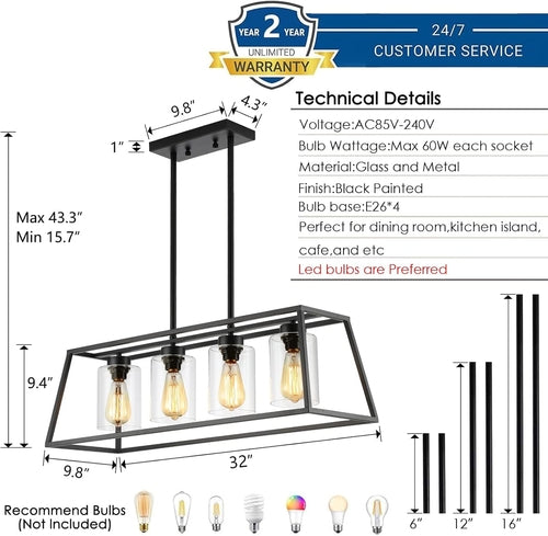 Black Farmhouse Linear Chandelier 4 Light For Dining Room
