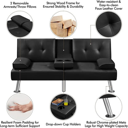 Convertible Sofa Bed Black Faux Leather With Cup Holders