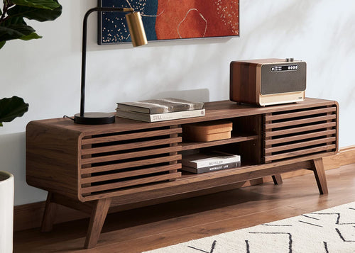 59 Inch Walnut TV Stand Mid Century Modern Console