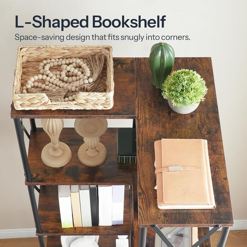 Corner Bookshelf 5-Tier L-Shaped Industrial Bookcase In Rustic Brown