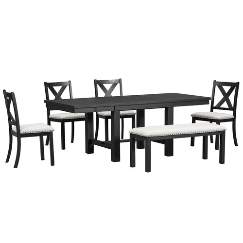 Farmhouse 82inch 6-Piece Extendable Dining Table with Footrest, 4