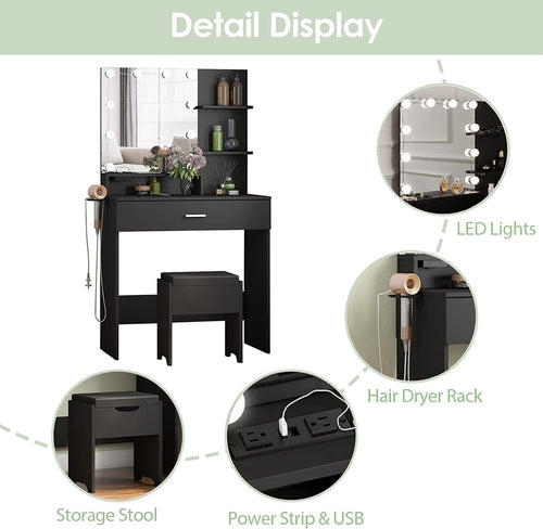 Black Makeup Vanity Table With Lighted Mirror And USB Ports