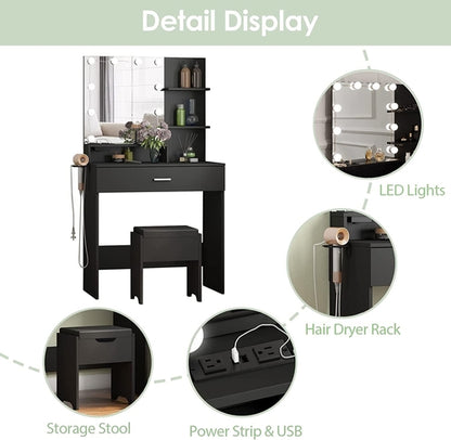 Black Makeup Vanity Table With Lighted Mirror And USB Ports