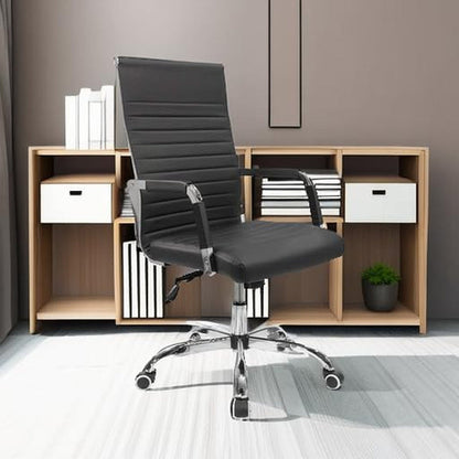 Ribbed Mid Back PU Leather Desk Chair Adjustable Black
