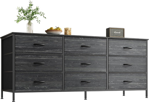9 Drawer Dresser TV Stand 55 Inch Charcoal Black Wood Grain