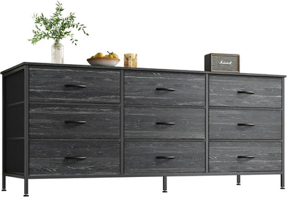 9 Drawer Dresser TV Stand 55 Inch Charcoal Black Wood Grain