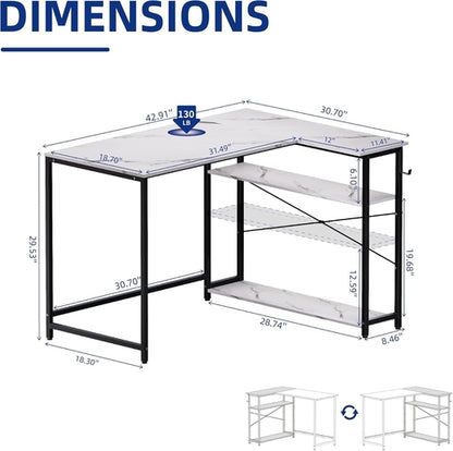 43 Inch L Shaped Computer Desk White Marble Home Office