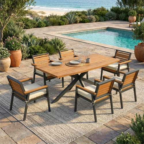 Modern 7-Piece Dining Set, Acacia Wood with Iron Frame, 6 Chairs with