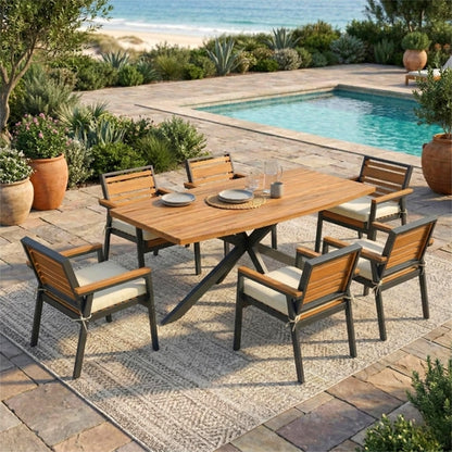 Modern 7-Piece Dining Set, Acacia Wood with Iron Frame, 6 Chairs with