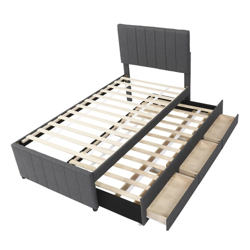 Upholstered Platform Bed with Trundle and 3 Drawers, Linen Fabric