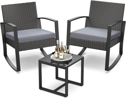 3 Piece Rattan Rocking Bistro Set With Coffee Table Outdoor Patio