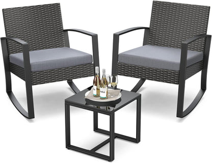 3 Piece Rattan Rocking Bistro Set With Coffee Table Outdoor Patio
