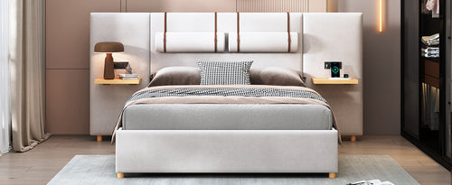 Upholstered Platform Bed with Outlets, USB Ports, Pillows and Storage