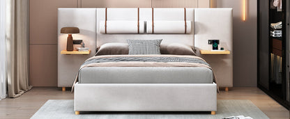 Upholstered Platform Bed with Outlets, USB Ports, Pillows and Storage