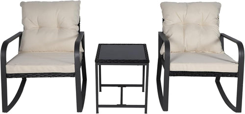 Three Piece Patio Bistro Set With Rocking Chairs And Cushions Beige