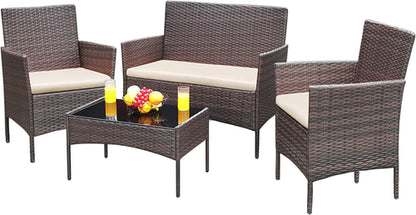 4 Piece Wicker Patio Set With Glass Table Beige Cushions