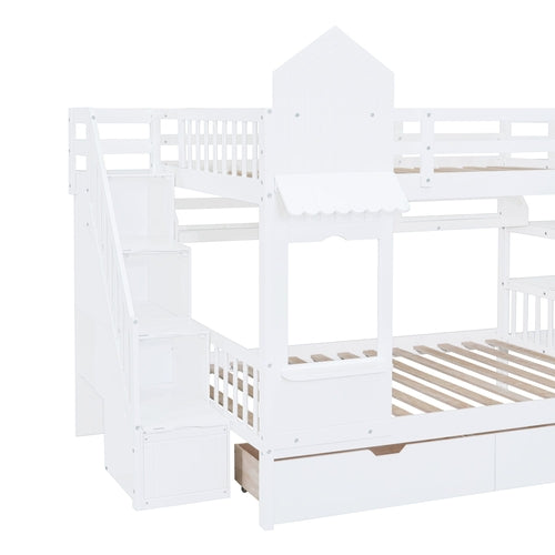 Full-Over-Full Castle Style Bunk Bed with 2 Drawers, 3 Shelves and
