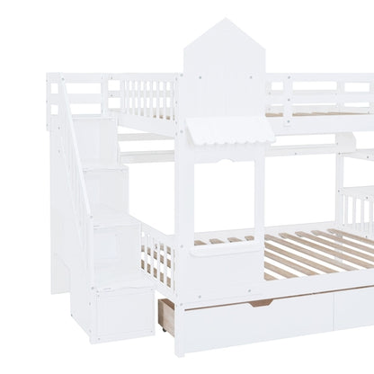 Full-Over-Full Castle Style Bunk Bed with 2 Drawers, 3 Shelves and