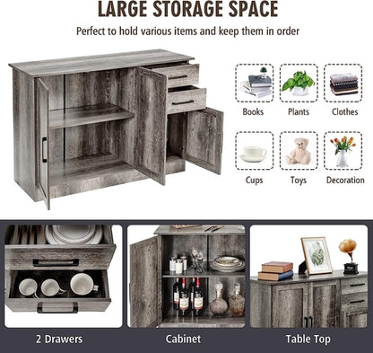 Gray Entryway Sideboard Cabinet With Drawers And Shelves