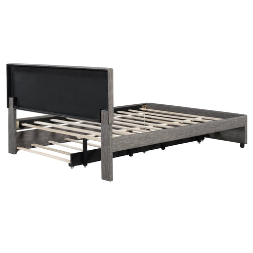 Queen Size Upholstered Platform Bed with Brick Pattern Headboard and