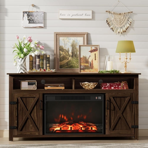 Rustic Fireplace TV Stand For 65 Inch TVs With Storage