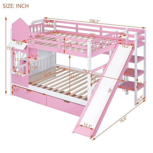 Full-Over-Full Castle Style Bunk Bed with 2 Drawers, 3 Shelves and