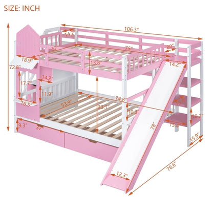 Full-Over-Full Castle Style Bunk Bed with 2 Drawers, 3 Shelves and