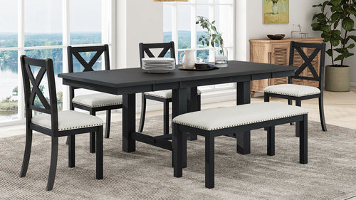 Farmhouse 82inch 6-Piece Extendable Dining Table with Footrest, 4