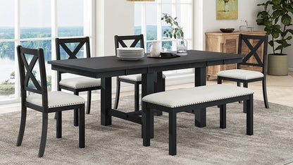 Farmhouse 82inch 6-Piece Extendable Dining Table with Footrest, 4