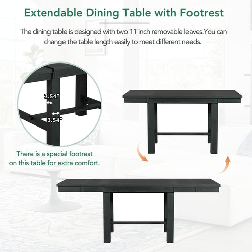 Farmhouse 82inch 6-Piece Extendable Dining Table with Footrest, 4