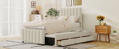 Upholstered Platform Bed with Trundle and 3 Drawers, Linen Fabric