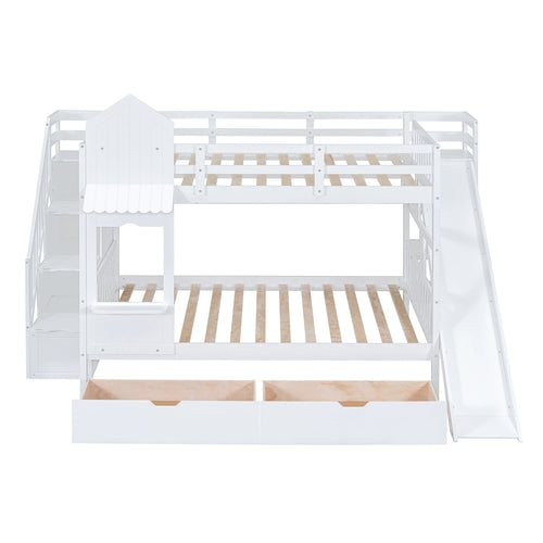Full-Over-Full Castle Style Bunk Bed with 2 Drawers, 3 Shelves and