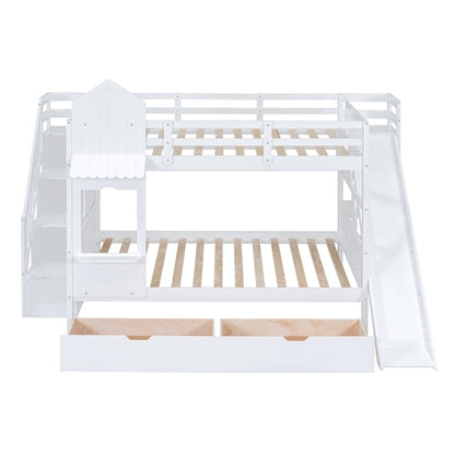 Full-Over-Full Castle Style Bunk Bed with 2 Drawers, 3 Shelves and