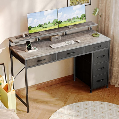 47 Inch Grey Gaming Desk With LED Lights And Drawers